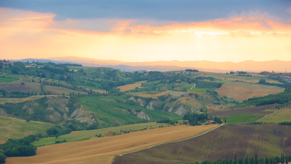 Monticchiello mostrando un atardecer, vista panorámica y granja