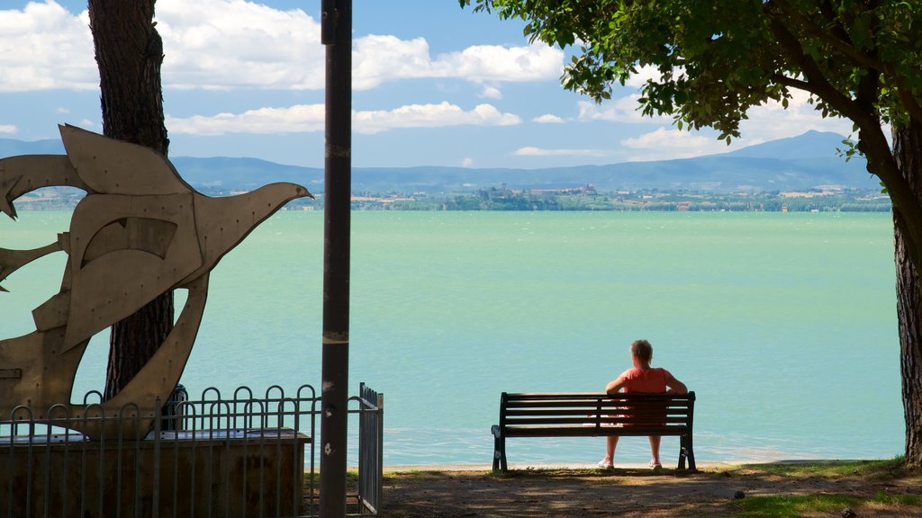 Passignano sul Trasimeno caracterizando um rio ou córrego e arte ao ar livre assim como um homem sozinho