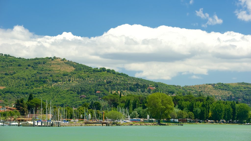 Passignano sul Trasimeno which includes a bay or harbour, a coastal town and general coastal views