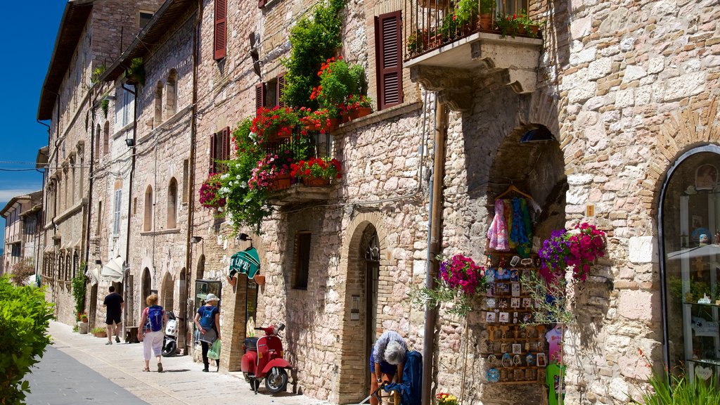 Via San Francesco que incluye escenas urbanas, flores y una pequeña ciudad o pueblo