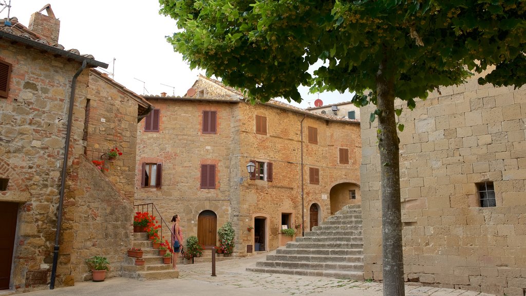 Monticchiello mostrando patrimonio de arquitectura y una pequeña ciudad o pueblo y también una mujer