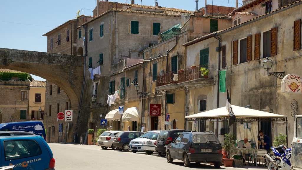 Pitigliano mostrando una pequeña ciudad o pueblo, patrimonio de arquitectura y comer al aire libre