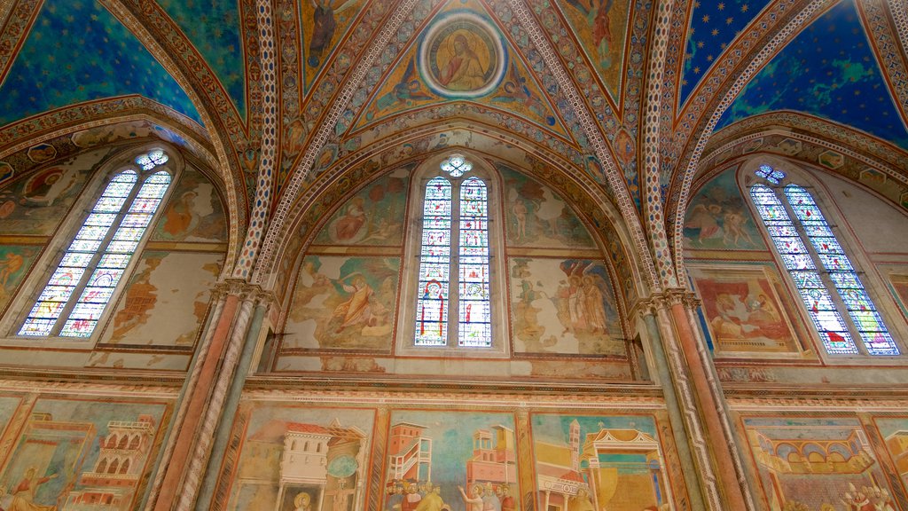 Papal Basilica of St. Francis of Assisi showing a church or cathedral and interior views