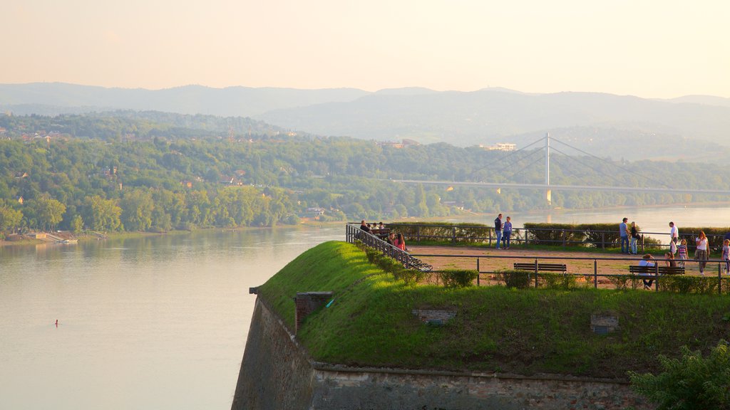 Fortaleza de Petrovaradin mostrando un puente colgante o pasarela en las copas de los árboles, un río o arroyo y vistas