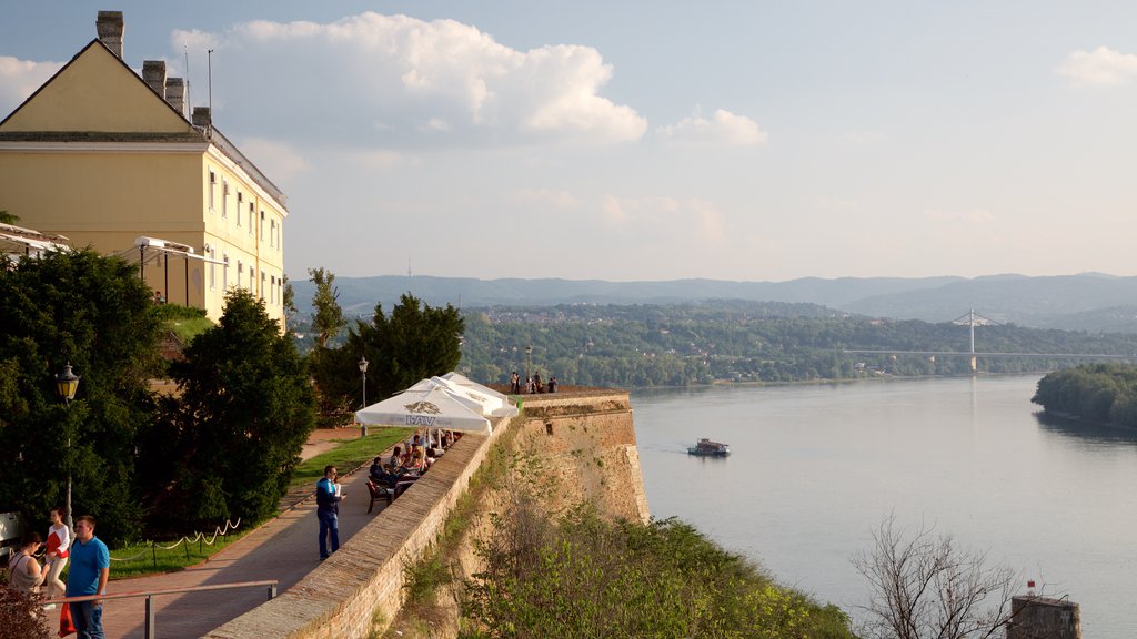 Petrovaradin Fortress showing a city and a river or creek as well as a small group of people