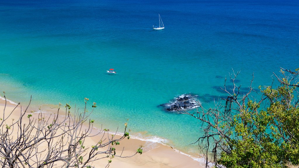 Fernando de Noronha ofreciendo una playa de arena, velero y vista general a la costa