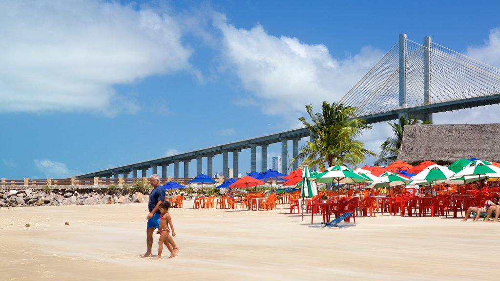 Praia da Redinha mostrando uma ponte, uma praia de areia e paisagens litorâneas