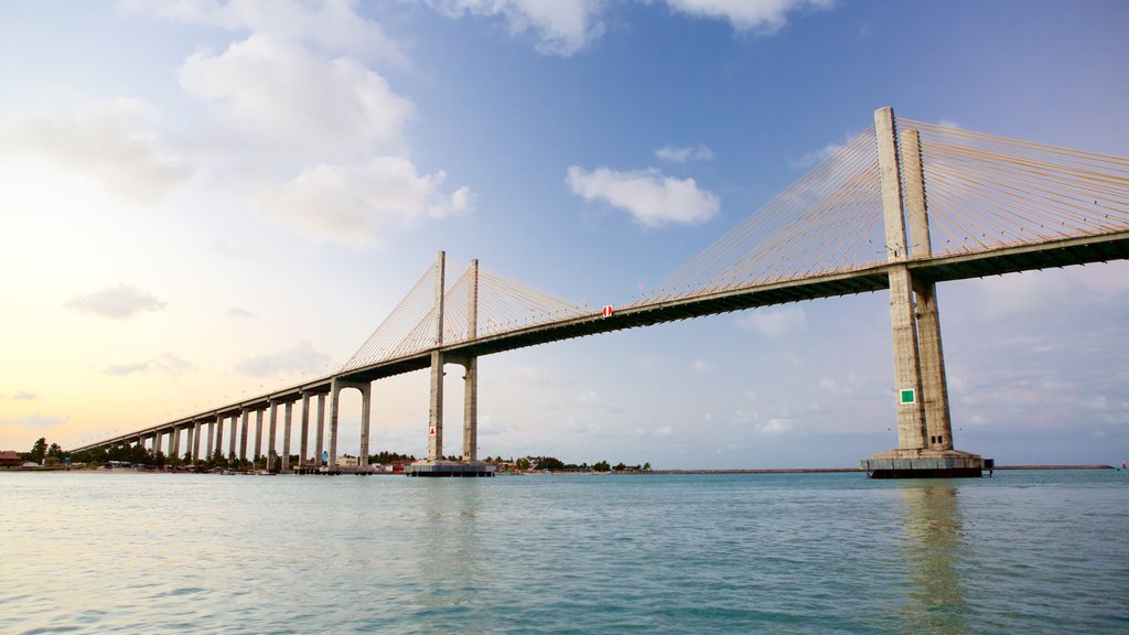 Newton Navarro Bridge which includes general coastal views, a bridge and a bay or harbor