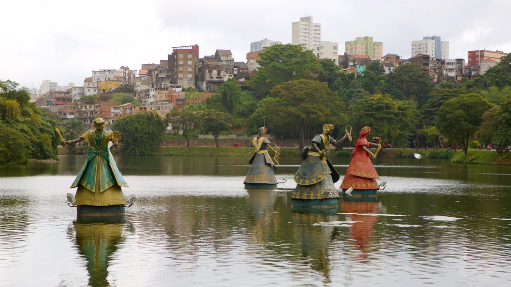 Fonte Nova Stadium featuring a statue or sculpture, a lake or waterhole and a park