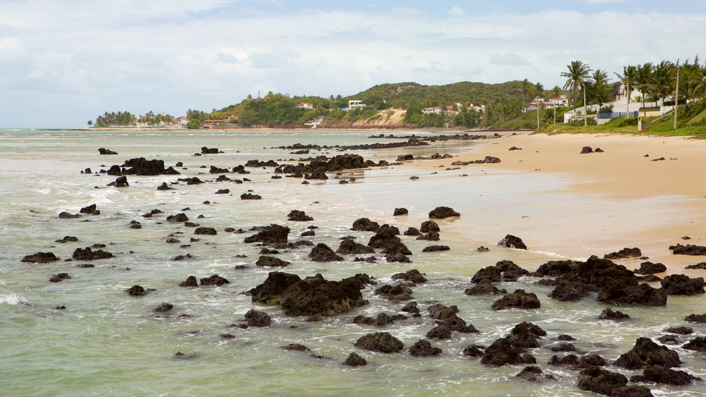 Pirangi Beach which includes rugged coastline, a beach and general coastal views