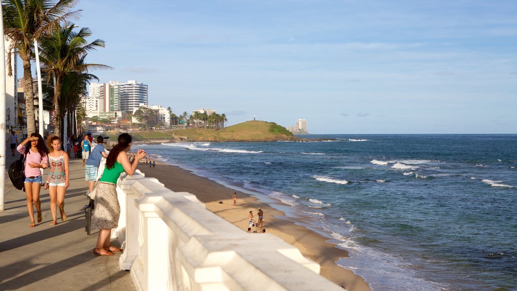 Praia do Farol da Barra caracterizando paisagens litorâneas e uma cidade litorânea assim como um pequeno grupo de pessoas