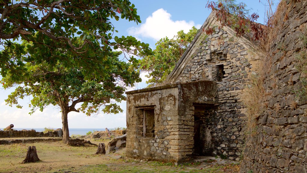 Fuerte Remedios que incluye ruinas de un edificio, vista general a la costa y elementos patrimoniales