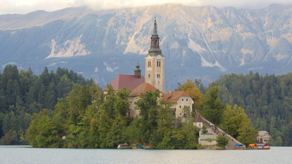 Lago de Bled que incluye una pequeña ciudad o pueblo, escenas forestales y montañas