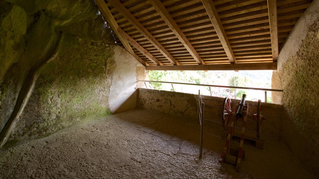 Castelo de Predjama que inclui um castelo, elementos de patrimônio e vistas internas