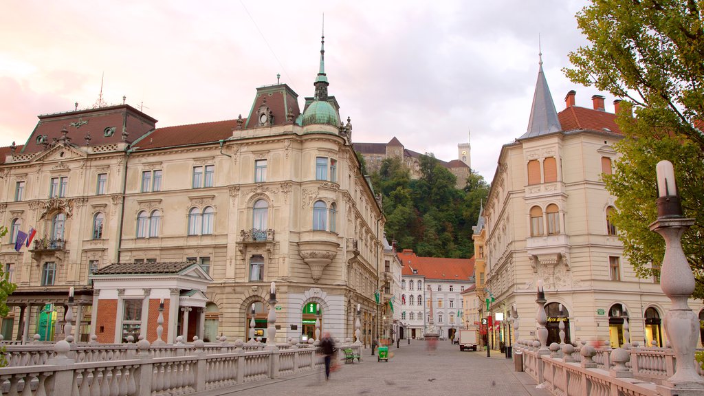 Triple Bridge showing a square or plaza and a city