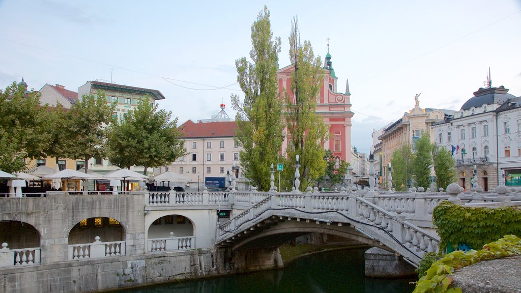 Triple Bridge which includes a bridge, a city and a river or creek