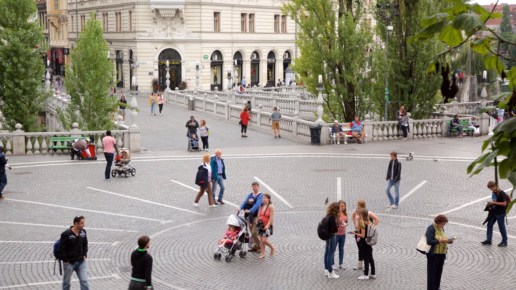 Plaza de Preseren ofreciendo una ciudad y un parque o plaza y también un gran grupo de personas