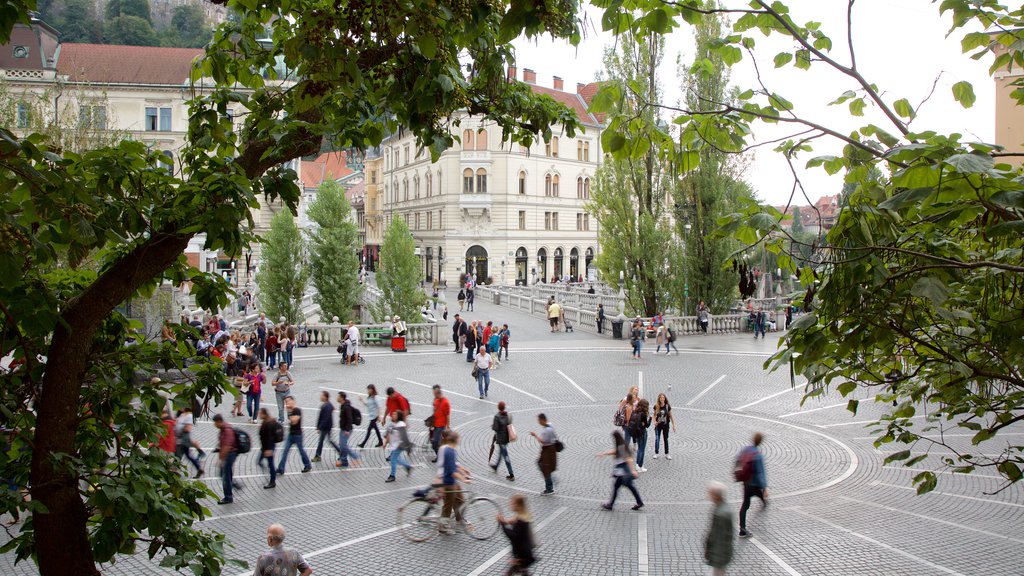 Preseren Square which includes a square or plaza as well as a large group of people