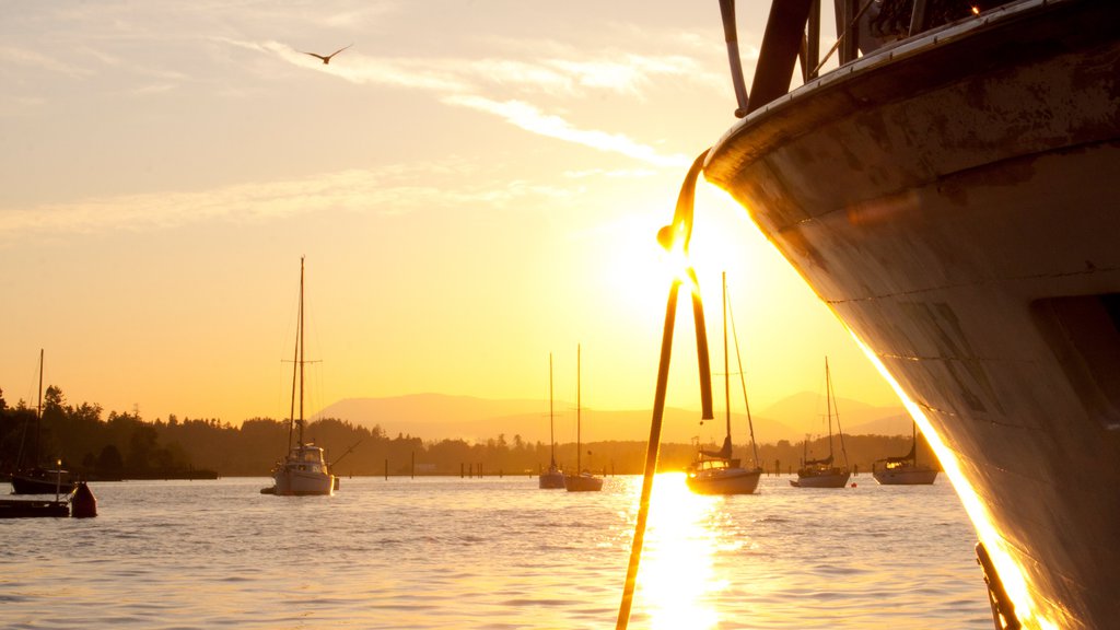 Cowichan Bay featuring boating, general coastal views and a sunset