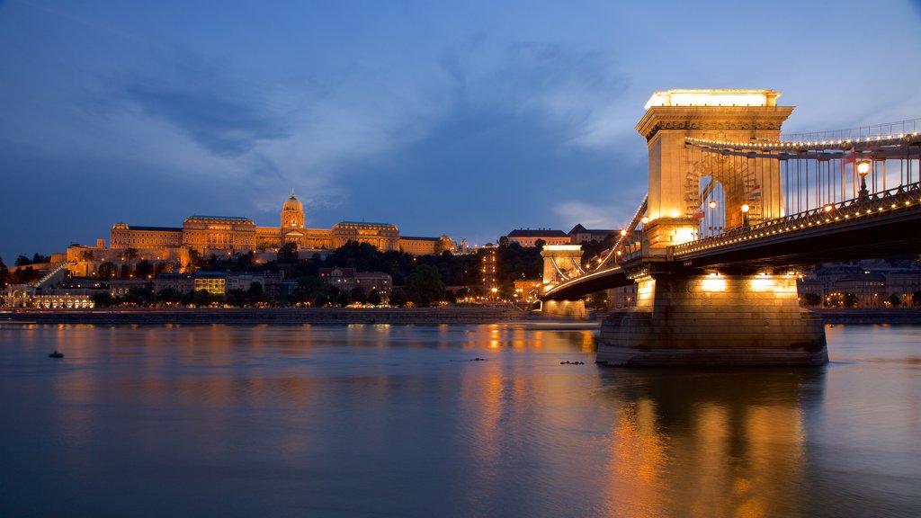 Pest featuring night scenes, a bridge and a river or creek