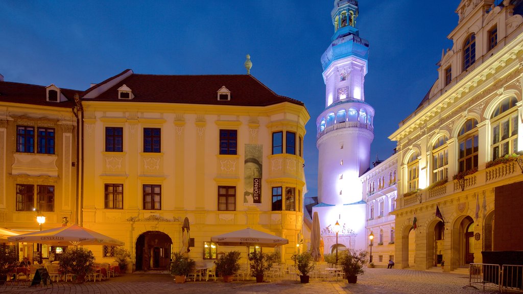 Firewatch Tower which includes heritage architecture and night scenes