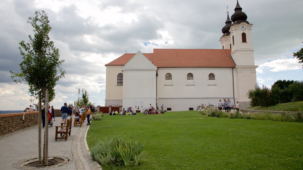 Tihany Abbey showing a park, views and a church or cathedral