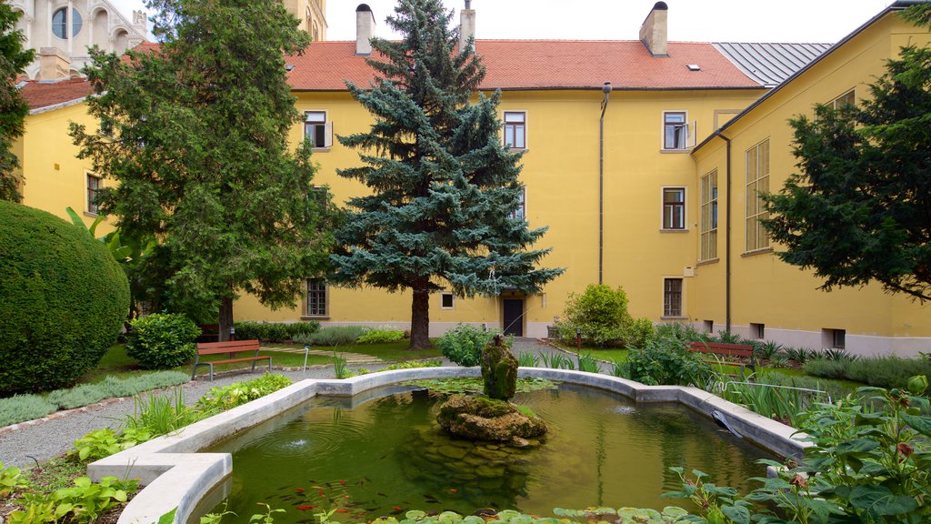 Pecs showing a fountain, château or palace and a pond