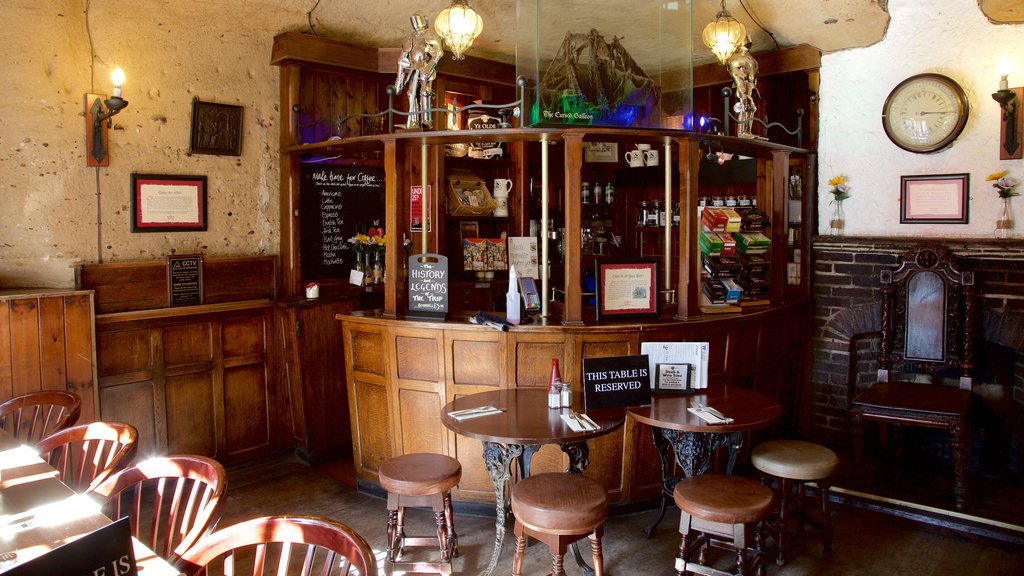 Ye Olde Trip to Jerusalem showing interior views and a bar