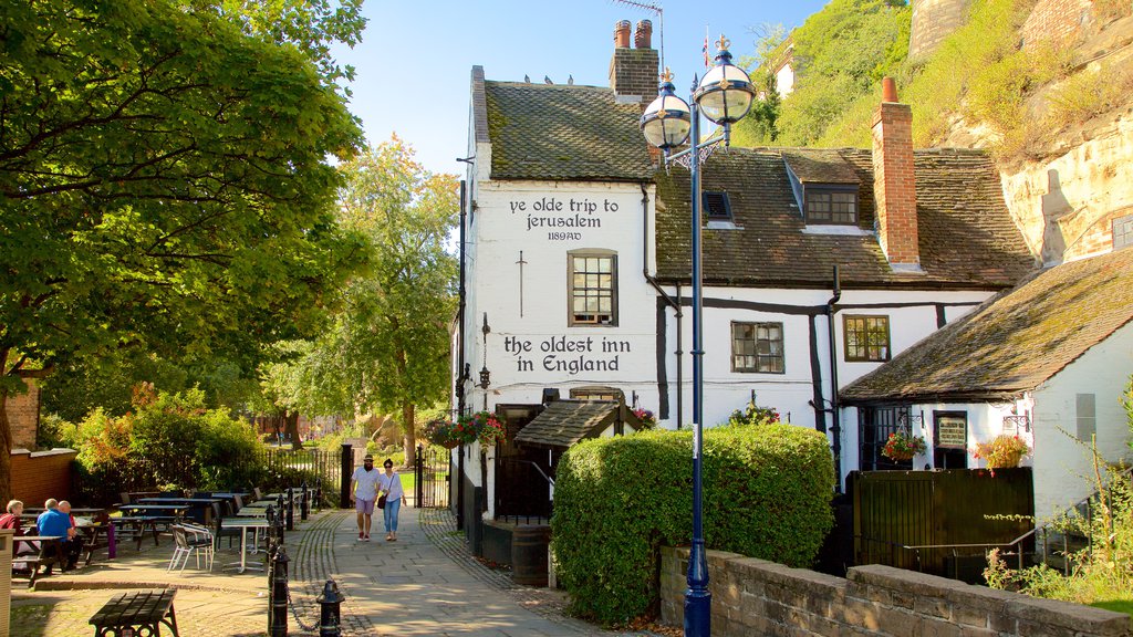 Ye Olde Trip to Jerusalem featuring heritage elements, signage and outdoor eating