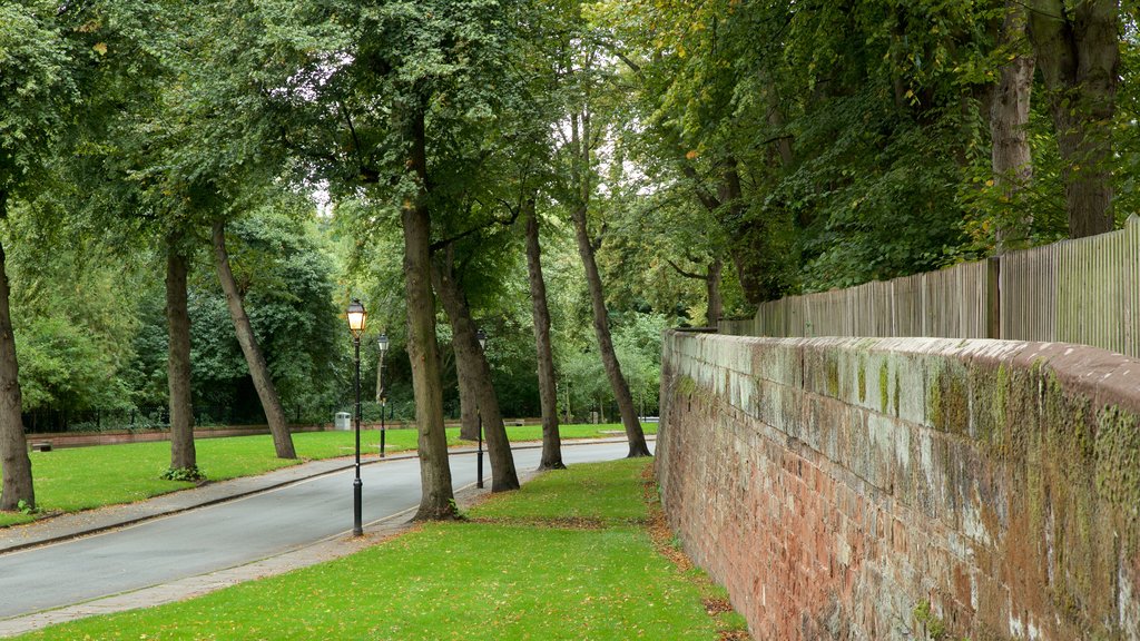 Chester City Walls que incluye elementos patrimoniales y jardín