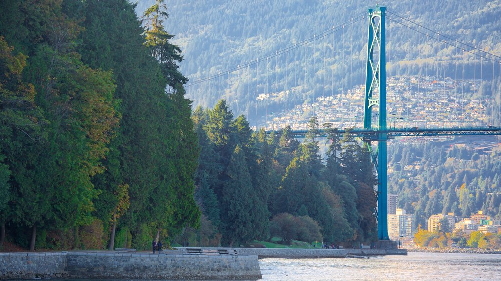 Stanley Park which includes a bay or harbour, a bridge and a garden