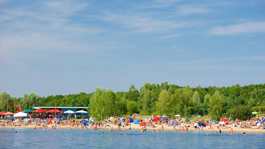 Cospudener Lake showing a sandy beach as well as a large group of people