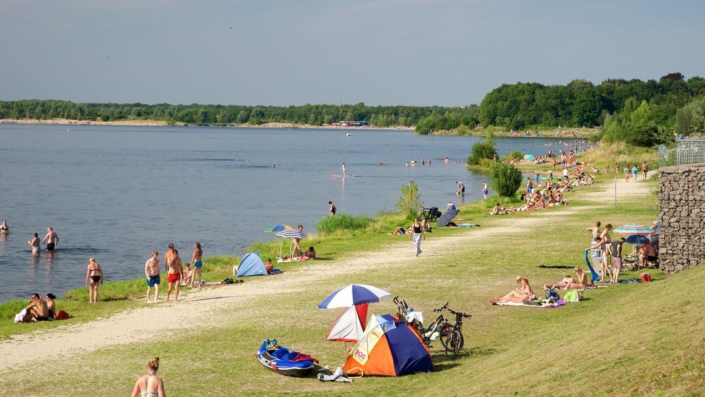 Cospudener Lake que inclui um lago ou charco assim como um grande grupo de pessoas