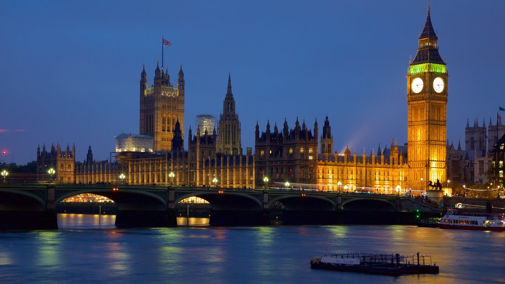 Houses of Parliament showing night scenes, heritage architecture and a bridge