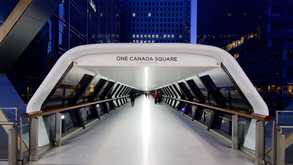 One Canada Square showing night scenes and a city