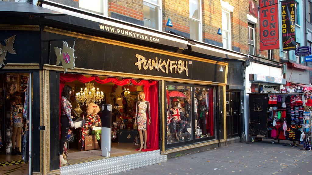 Camden High Street showing shopping, street scenes and signage