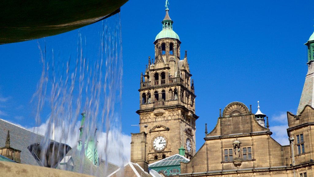 Sheffield Town Hall showing heritage architecture and a fountain