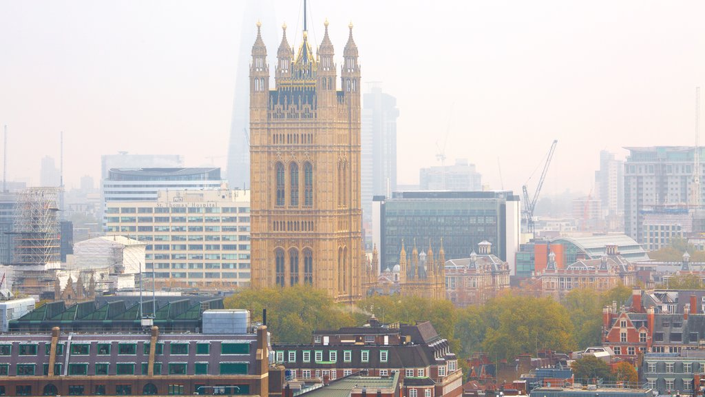 Houses of Parliament which includes mist or fog, a city and heritage architecture