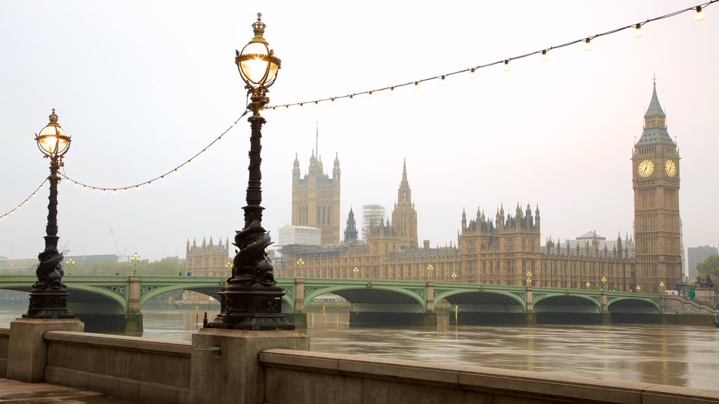 Houses of Parliament showing a castle, a bridge and mist or fog