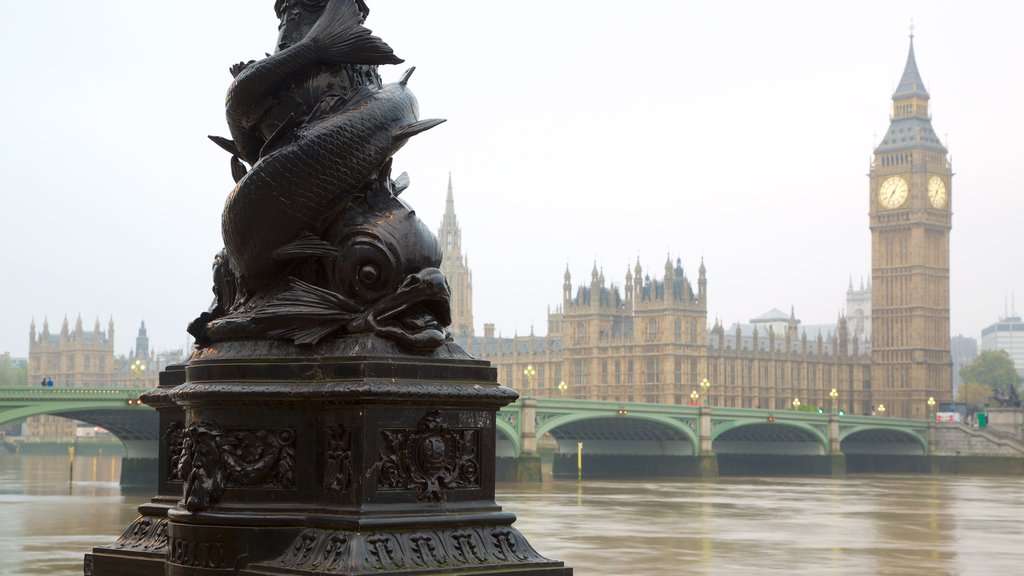 Houses of Parliament which includes a bridge, heritage architecture and mist or fog