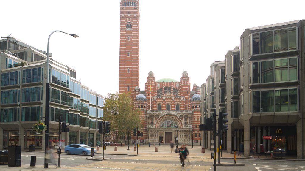 Kathedraal Westminster toont een stad, een plein en een kerk of kathedraal