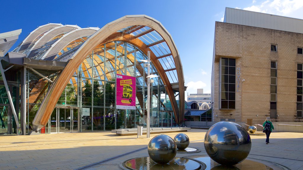 Sheffield Winter Garden which includes modern architecture, a garden and a fountain