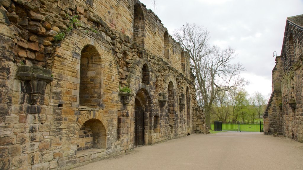 Kirkstall Abbey featuring heritage elements, a church or cathedral and building ruins