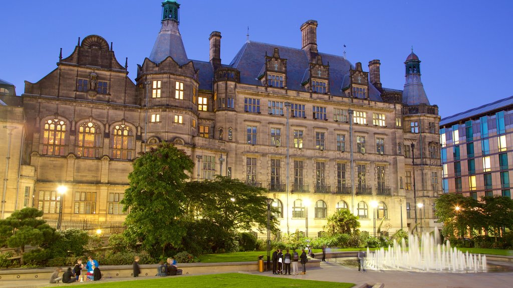 Sheffield Town Hall showing night scenes, heritage architecture and a fountain