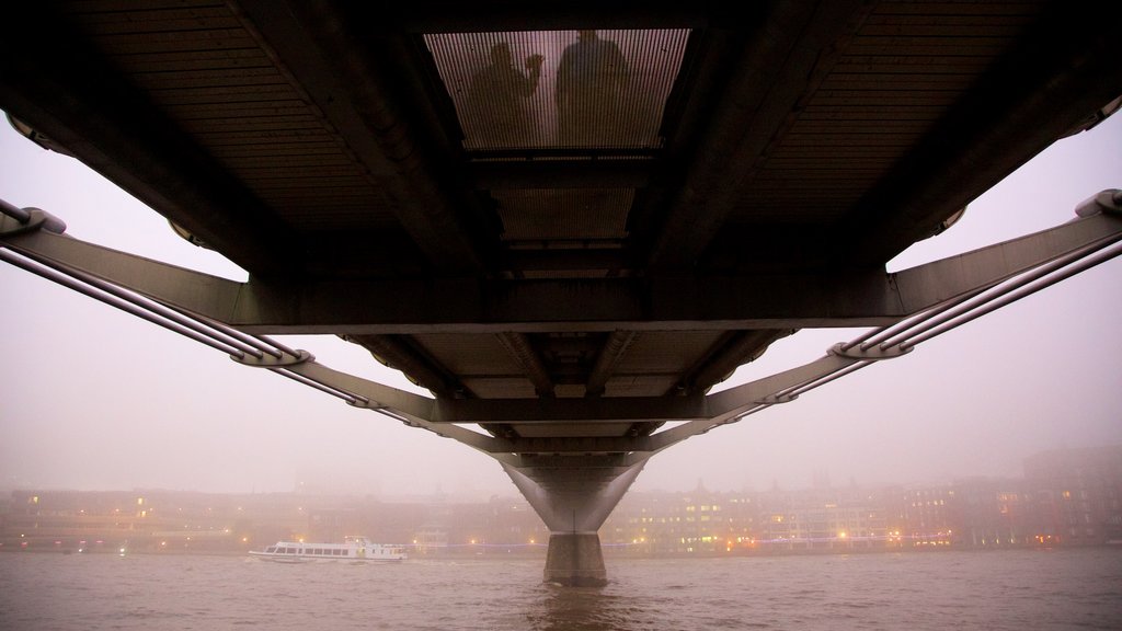 London Millennium Footbridge showing a bridge, mist or fog and a river or creek