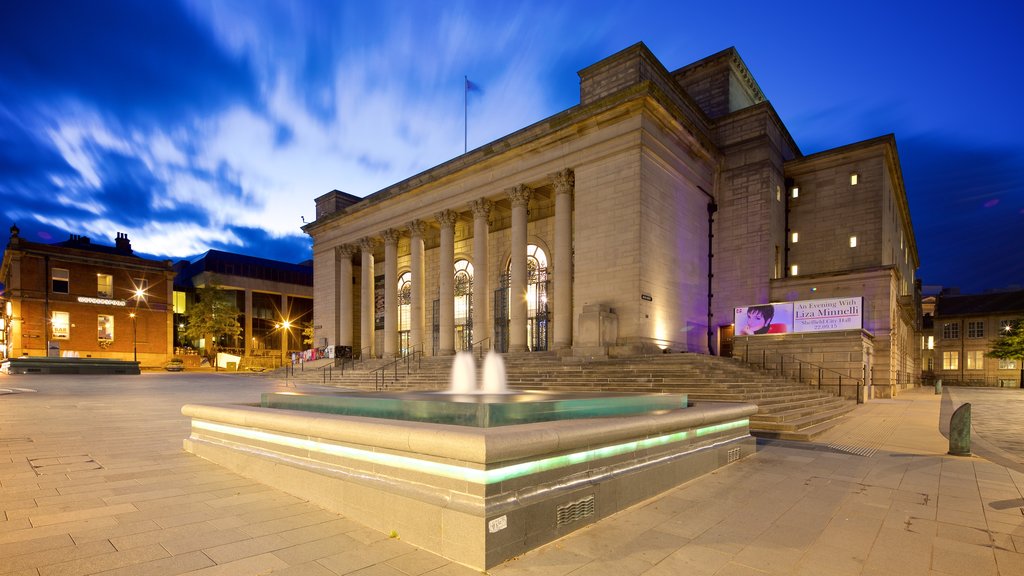 Sheffield City Hall showing night scenes, a fountain and theatre scenes