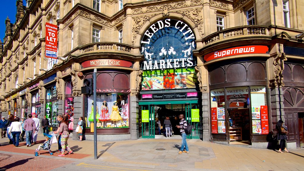 Leeds showing markets, signage and heritage elements