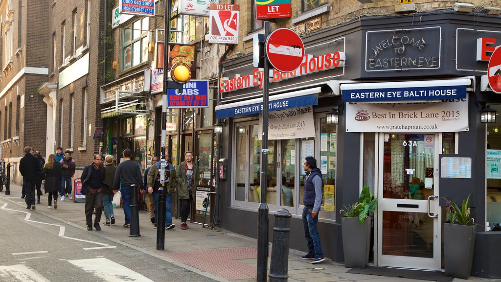 London featuring street scenes, signage and heritage elements