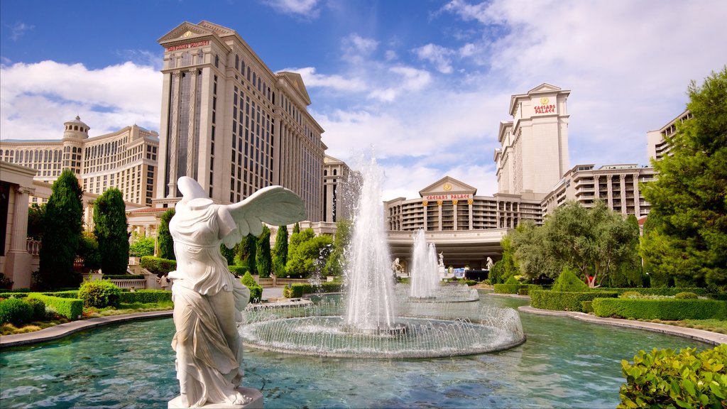 Las Vegas showing a garden, a casino and a fountain