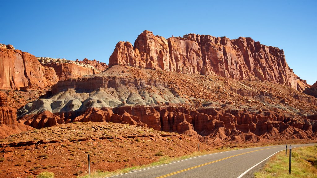 Capitol Reef National Park featuring desert views, tranquil scenes and a gorge or canyon